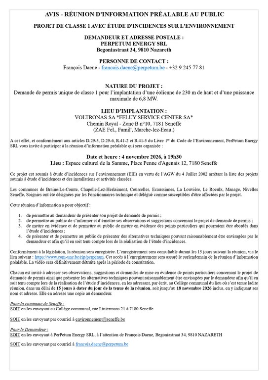 Avis - Réunion d'information préalable - Construction et exploitation d'uné éolienne à Seneffe